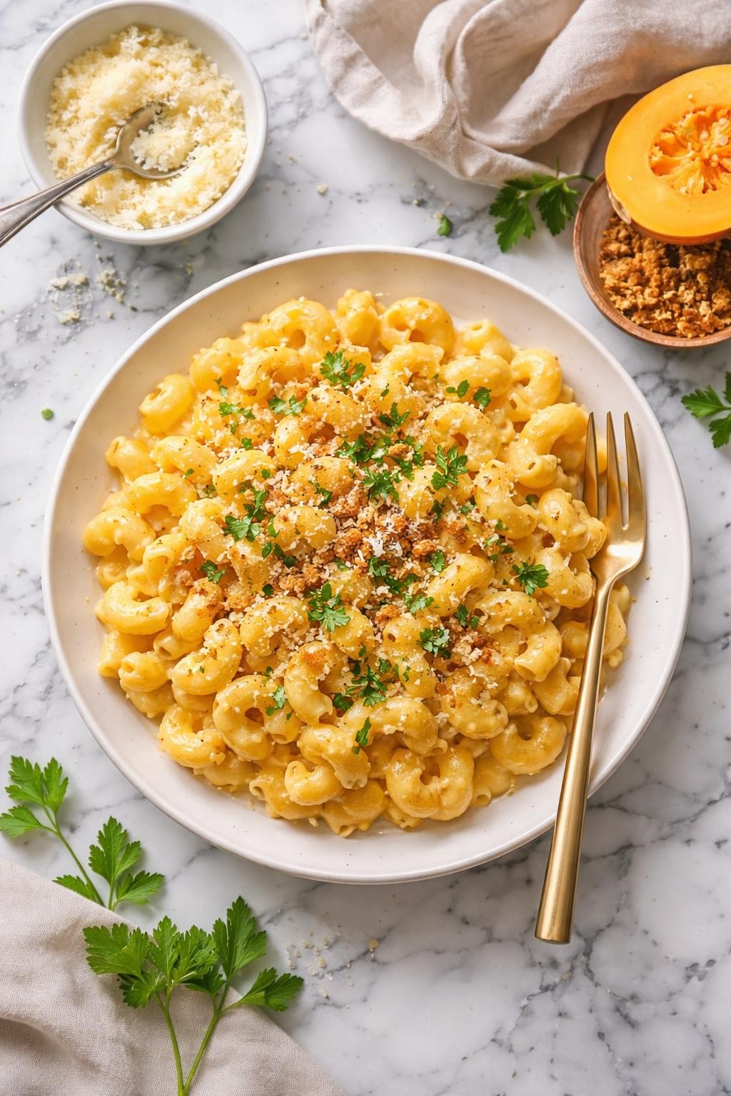 An overheard picture view of a plate of Creamy Butternut Squash Mac and Cheese sitting on a marble countertop table in the kitchen, professional food photography style.