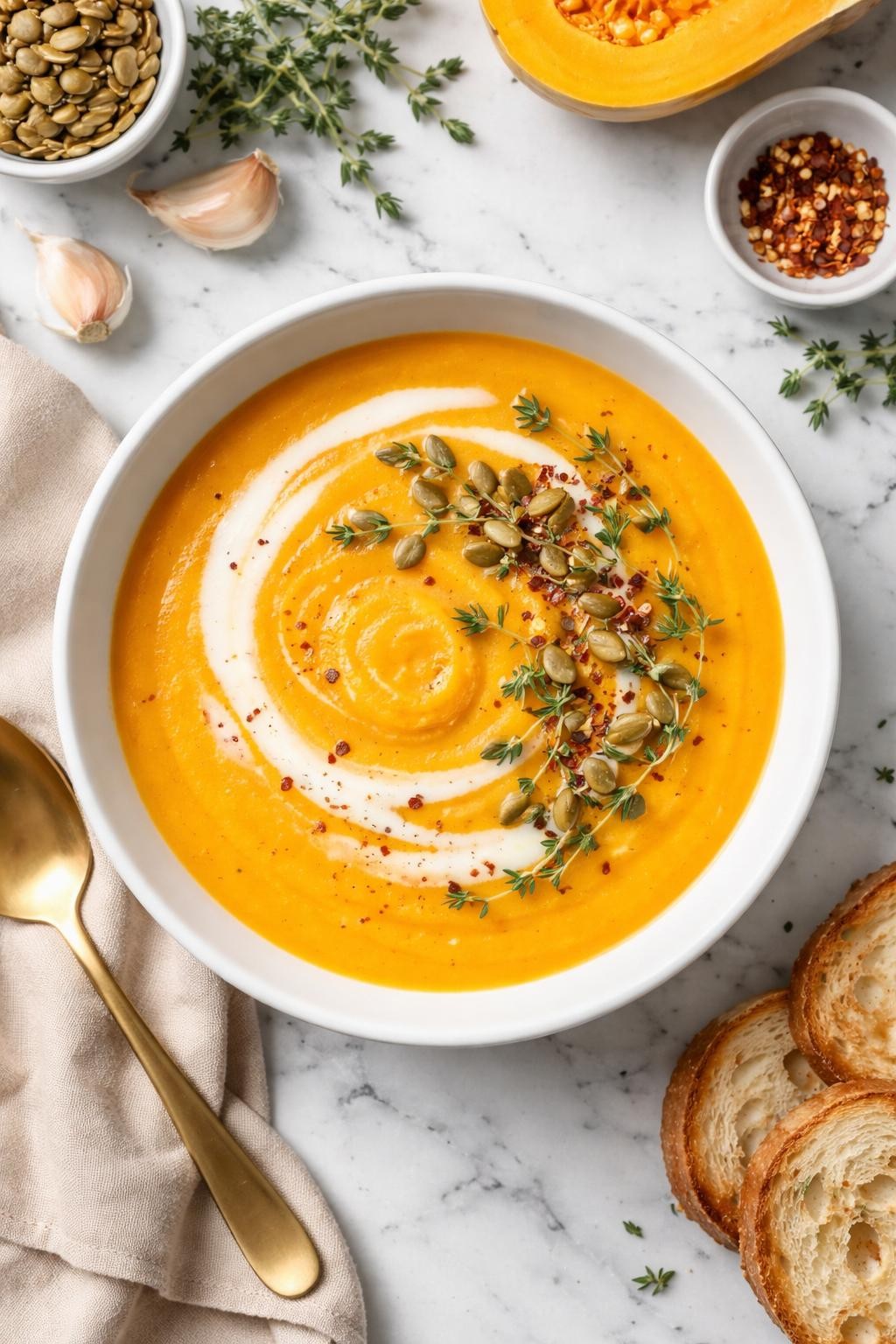 An overheard picture view of a plate of Vegan Butternut Squash Soup sitting on a marble countertop table in the kitchen, professional food photography style.