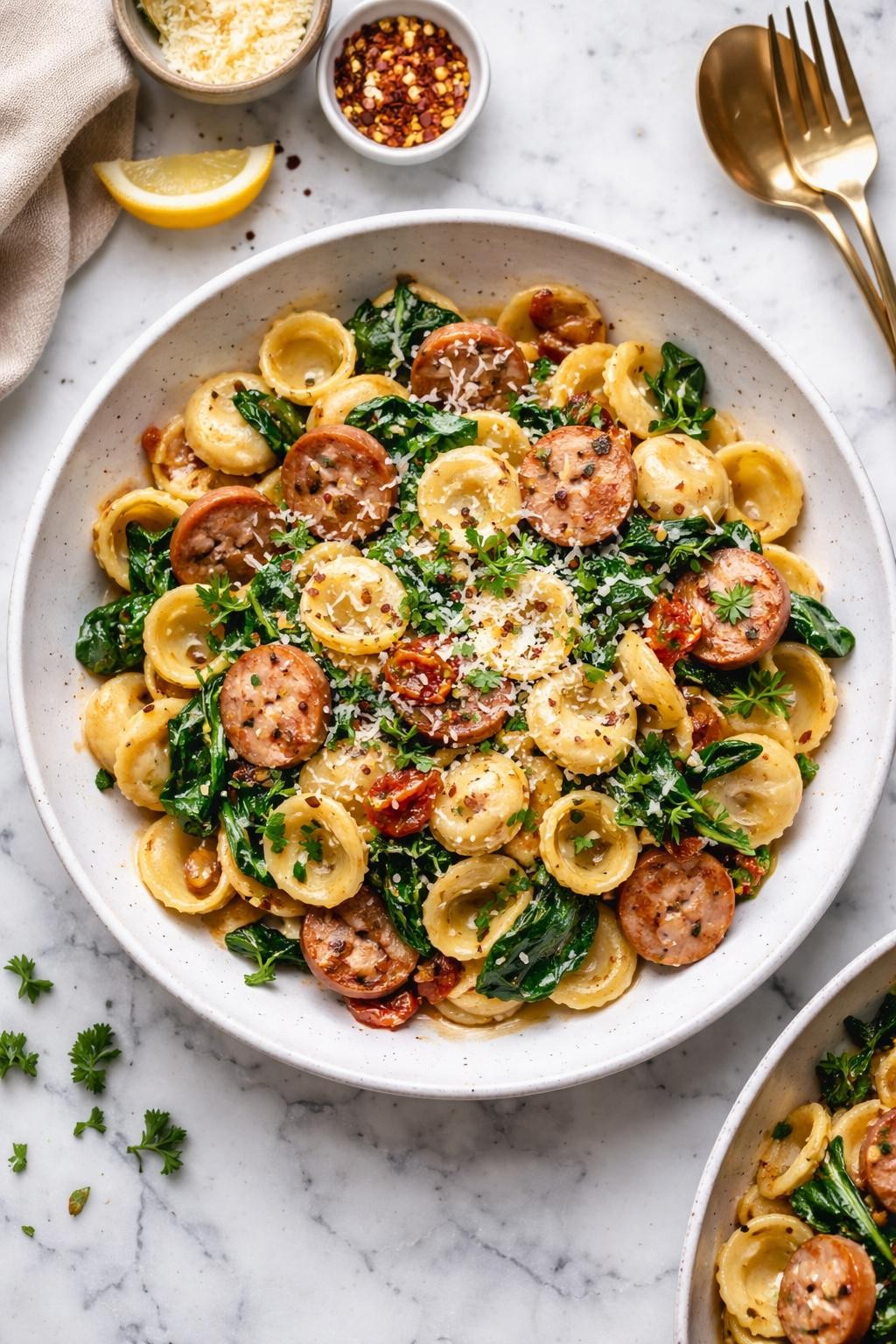 An overheard picture view of a plate of  Sausage and Spinach Pasta Skillet  sitting on a marble countertop table in the kitchen, professional food photography style.
