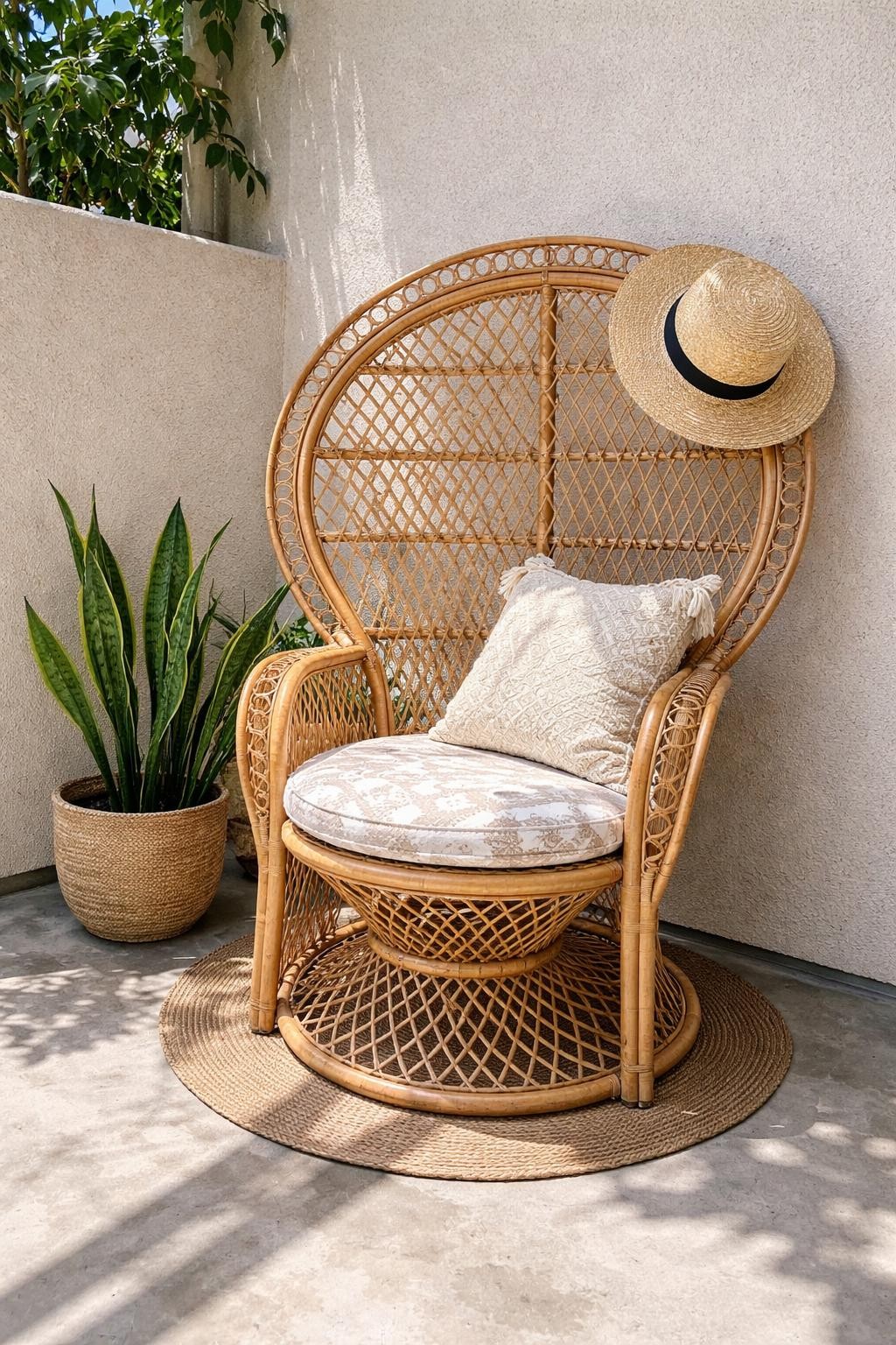 Photo of a rattan peacock chair in a patio corner with a small plant beside it, corner angle view, setting on a sunny patio with concrete floors, bright midday light, containing a straw hat hanging from the chair back, iPhone photo quality.