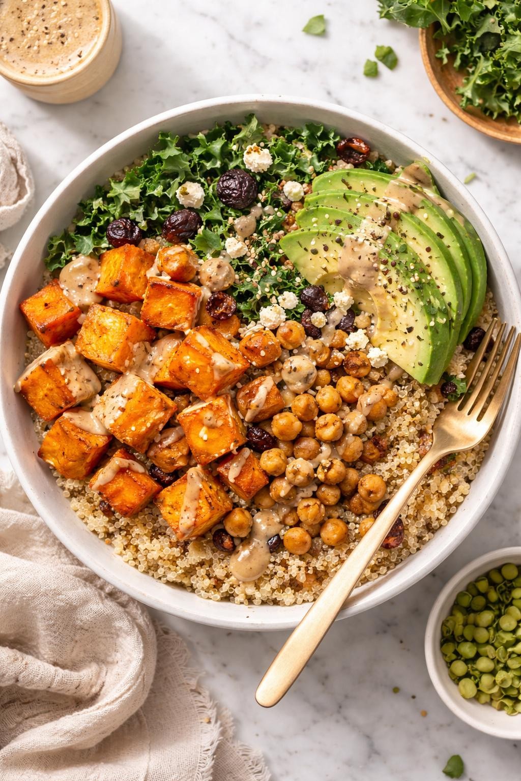An overheard picture view of a plate of Butternut Squash Quinoa Bowl with Maple Tahini Dressing sitting on a marble countertop table in the kitchen, professional food photography style.