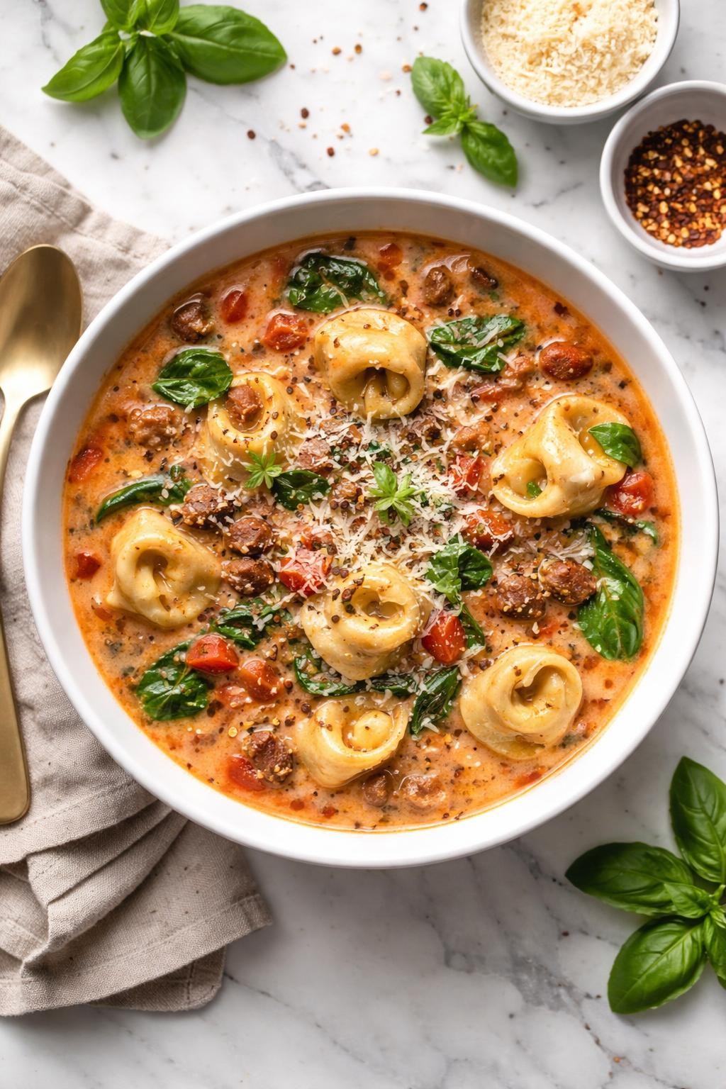 An overheard picture view of a plate of   Instant Pot Tortellini Soup sitting on a marble countertop table in the kitchen, professional food photography style.
