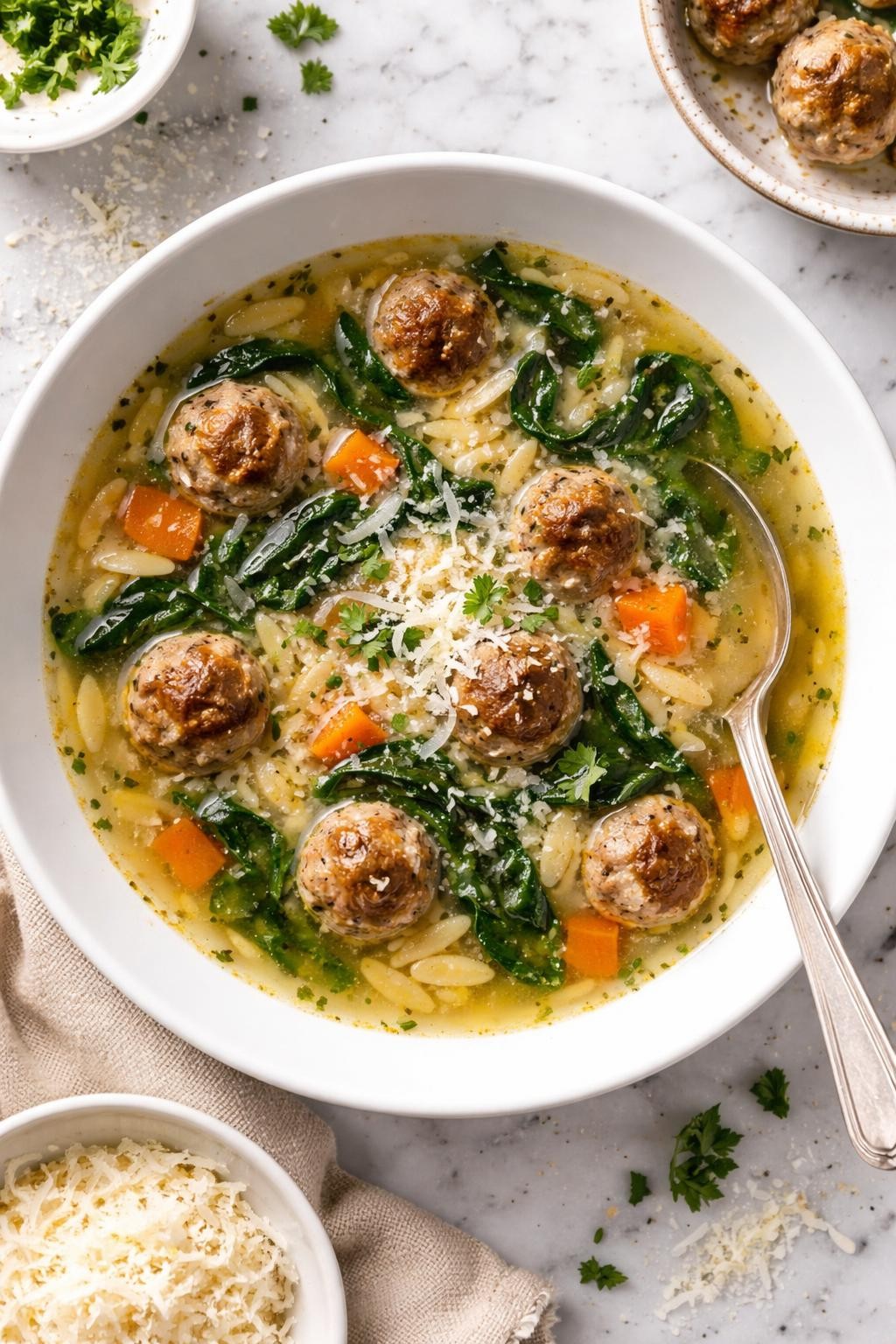 An overheard picture view of a plate of Dutch Oven Italian Wedding Soup   sitting on a marble countertop table in the kitchen, professional food photography style.
