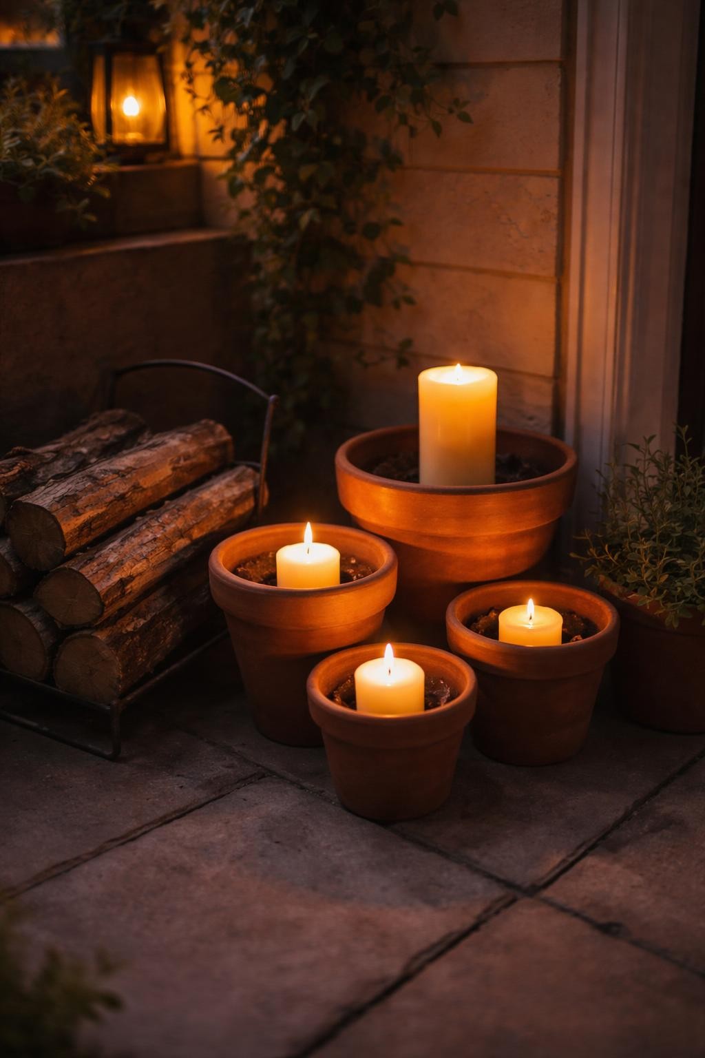 Photo of a patio corner with grouped terra cotta pots holding glowing candles, corner angle view, setting on a patio at dusk, soft firelight, containing a small stack of firewood nearby, iPhone photo quality.