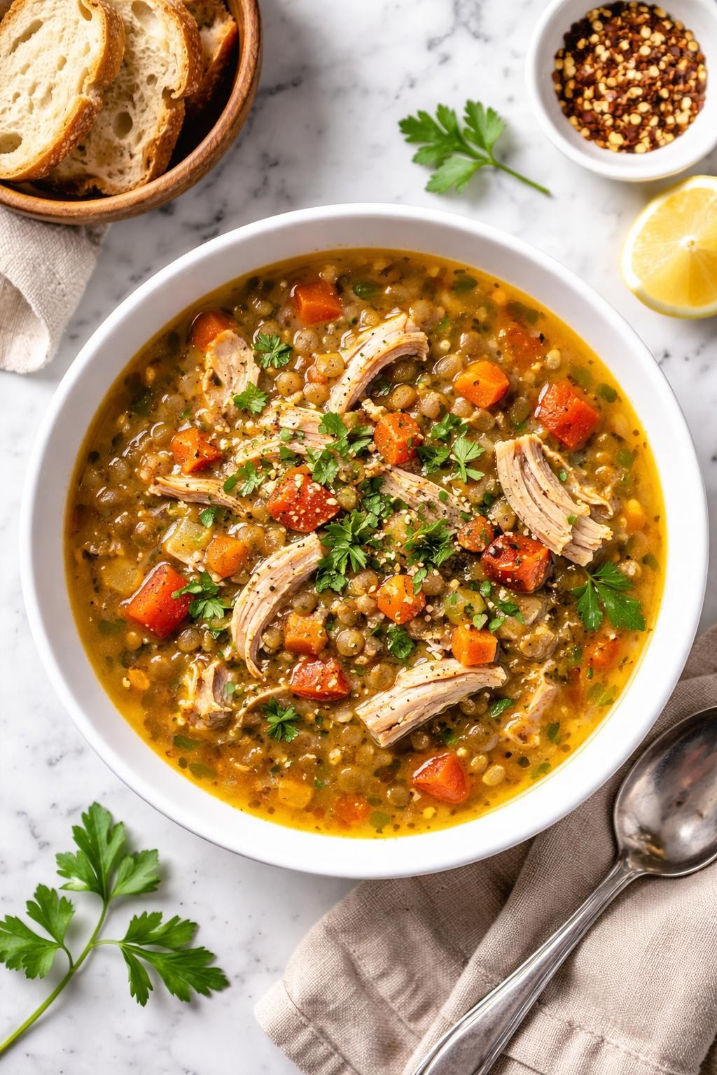 An overheard picture view of a plate of Turkey and Lentil Soup   sitting on a marble countertop table in the kitchen, professional food photography style.
