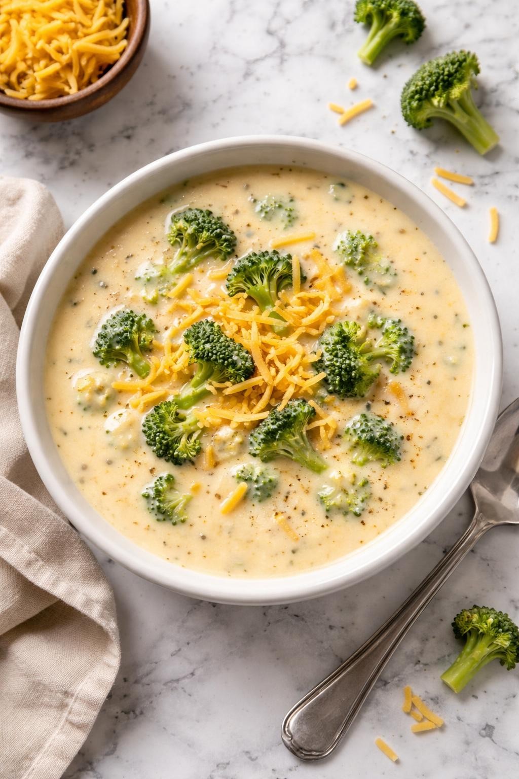 An overheard picture view of a plate of 4-Ingredient Broccoli Cheddar Soup sitting on a marble countertop table in the kitchen, professional food photography style.