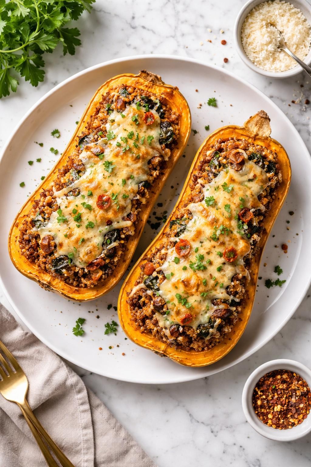 An overheard picture view of a plate of Cheesy Baked Stuffed Butternut Squash sitting on a marble countertop table in the kitchen, professional food photography style.