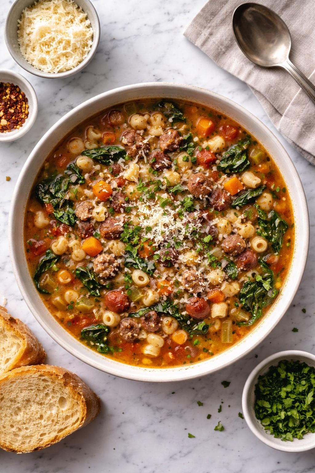 An overheard picture view of a plate of   Sausage Ditalini Soup sitting on a marble countertop table in the kitchen, professional food photography style.
