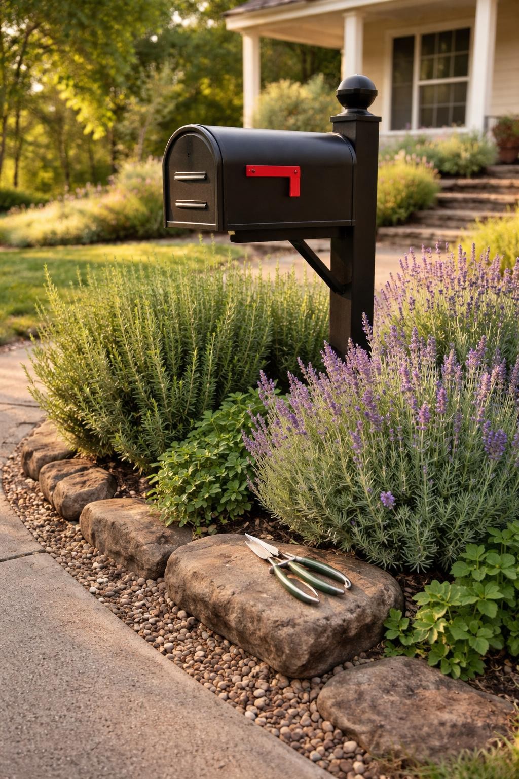Photo of a mailbox surrounded by a neat herb garden with rosemary and lavender, corner angle view from sidewalk, setting in a farmhouse-style front yard, late afternoon light, containing a pair of garden snips resting on a stone, iPhone photo quality.
