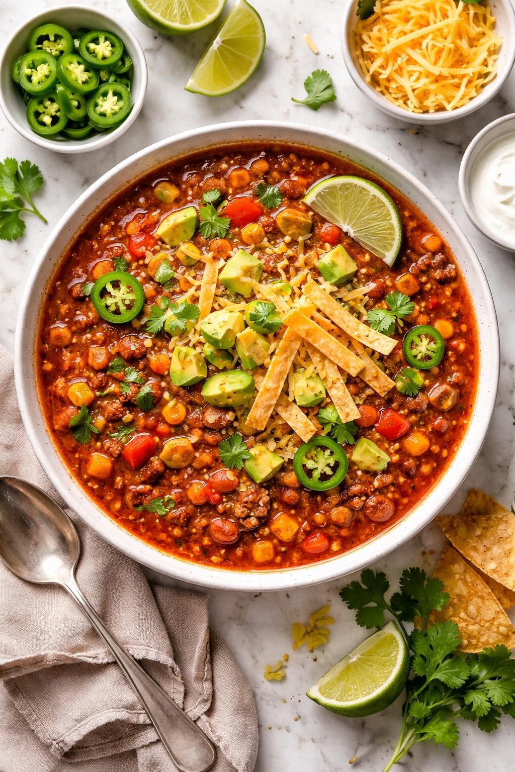An overheard picture view of a plate of Pinto Bean Taco Soup sitting on a marble countertop table in the kitchen, professional food photography style.