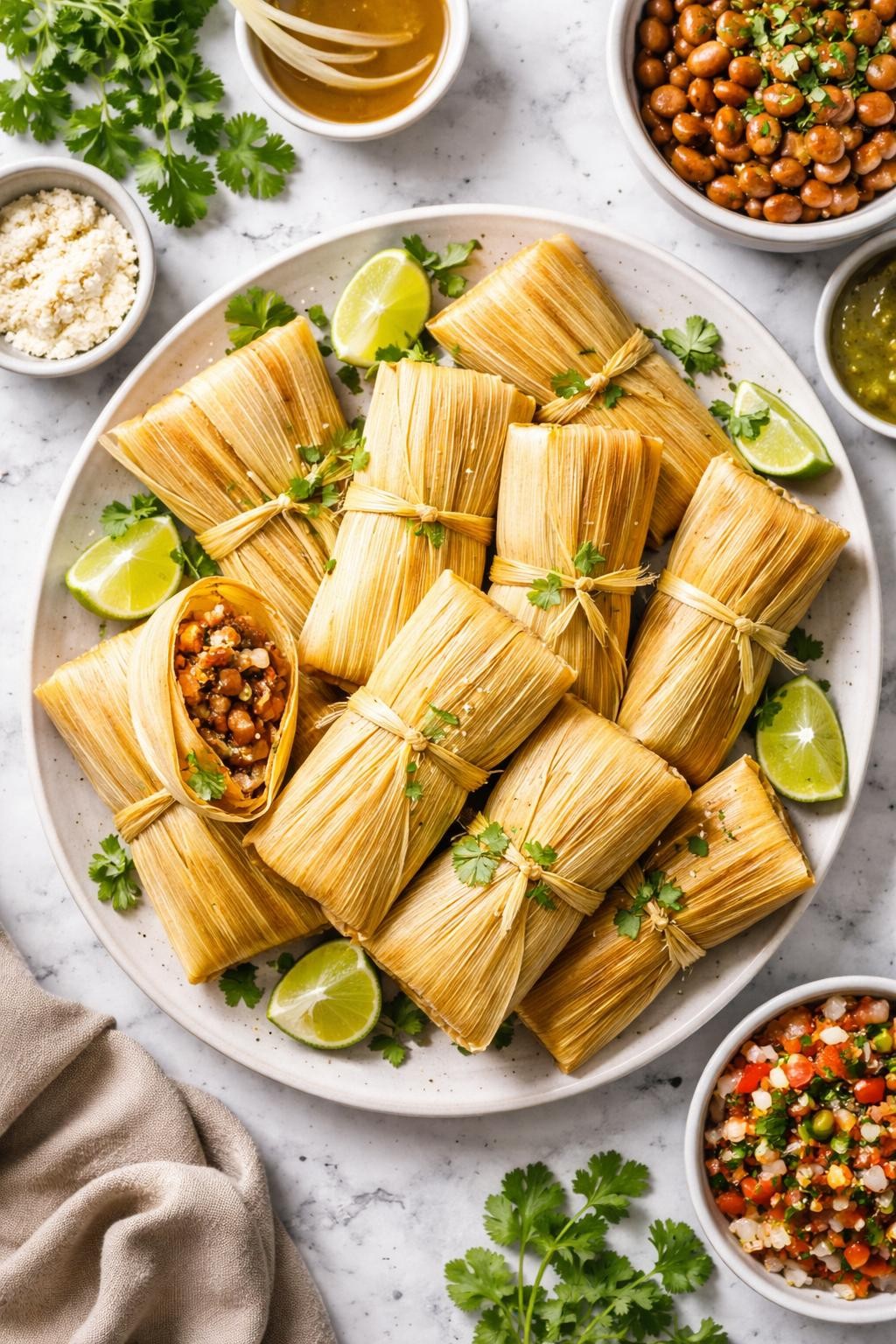 An overheard picture view of a plate of Pinto Bean Tamales sitting on a marble countertop table in the kitchen, professional food photography style.