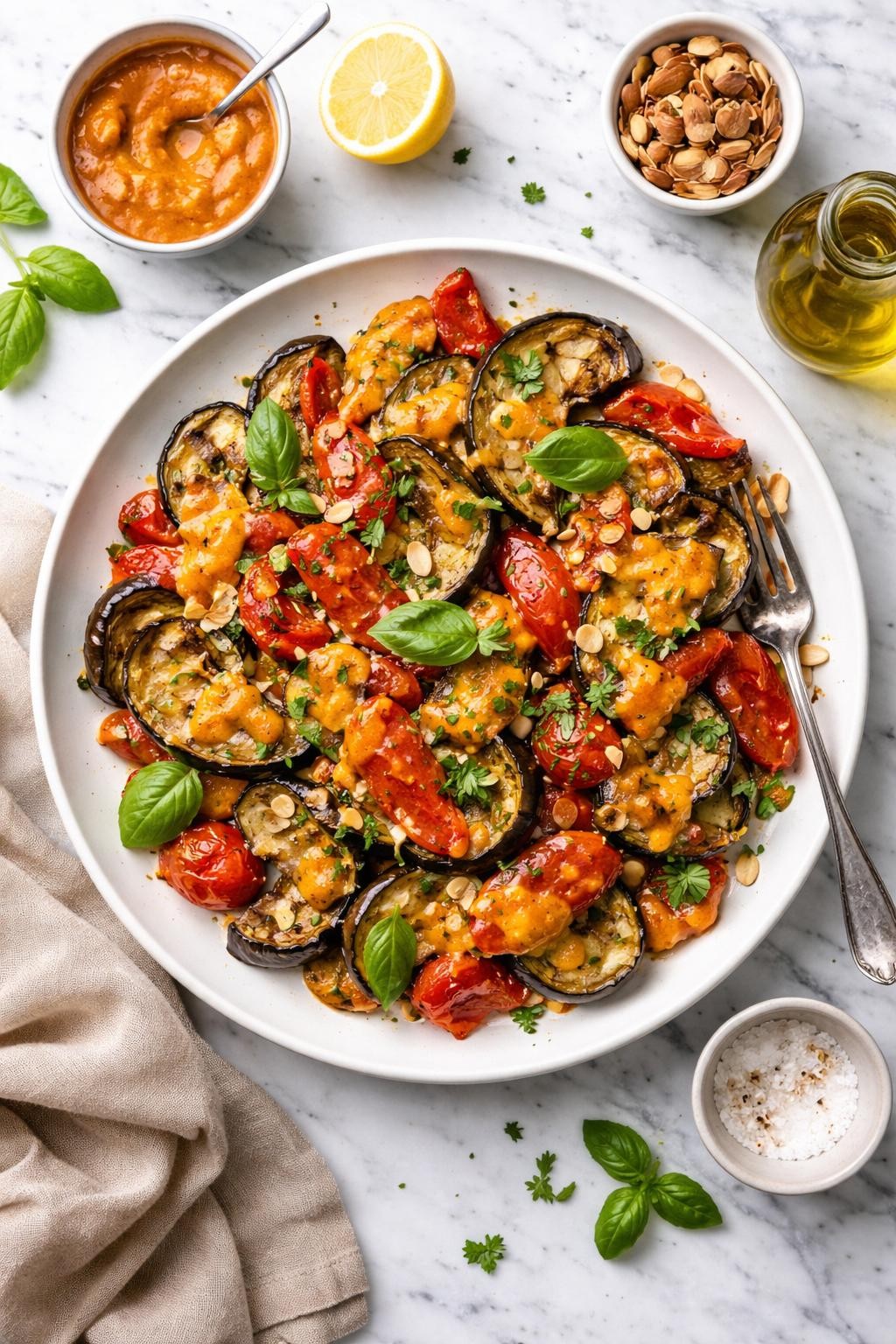 An overheard picture view of a plate of Eggplant and Bell Pepper Salad with Romesco Dressing sitting on a marble countertop table in the kitchen, professional food photography style.
