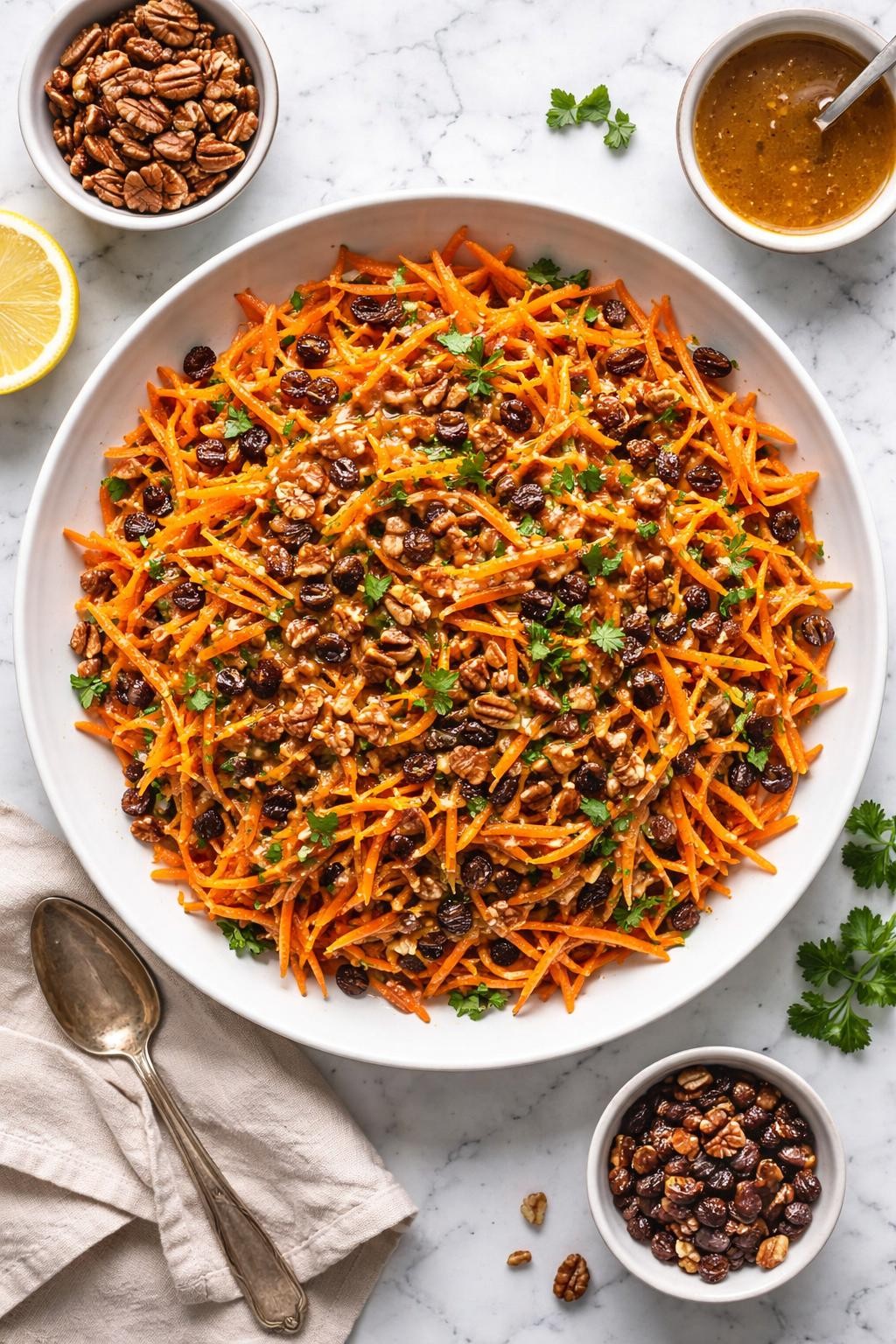 An overheard picture view of a plate of  Maple Pecan Carrot Raisin Salad  sitting on a marble countertop table in the kitchen, professional food photography style.
