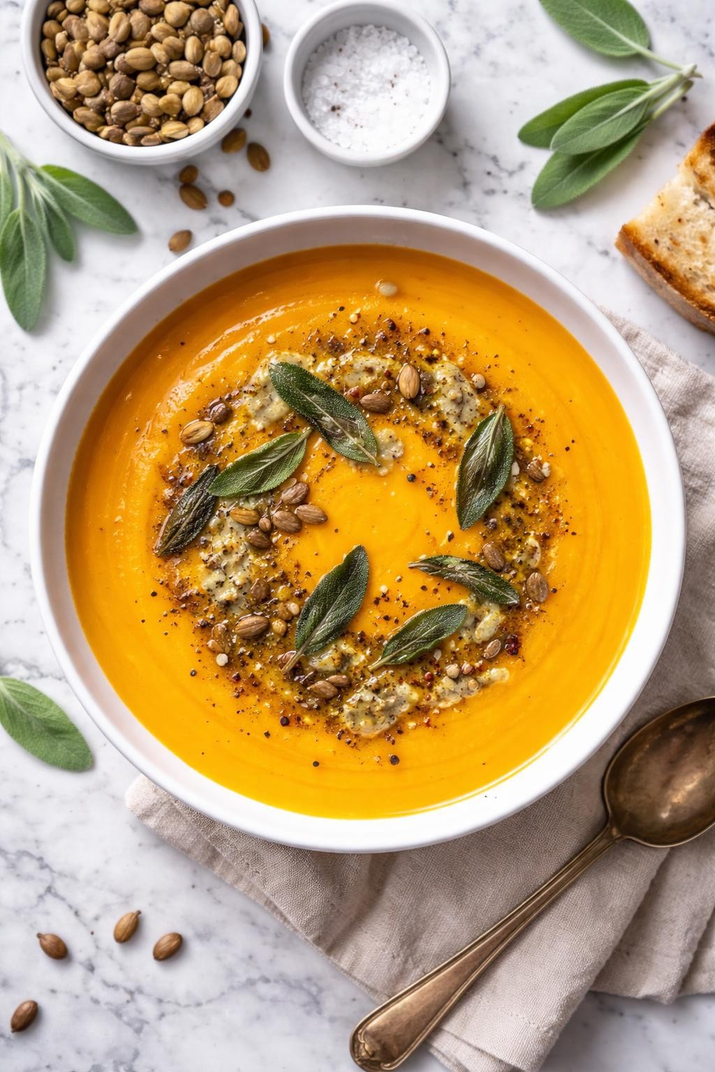 An overheard picture view of a plate of Butternut Squash Soup with Sage Brown Butter sitting on a marble countertop table in the kitchen, professional food photography style.