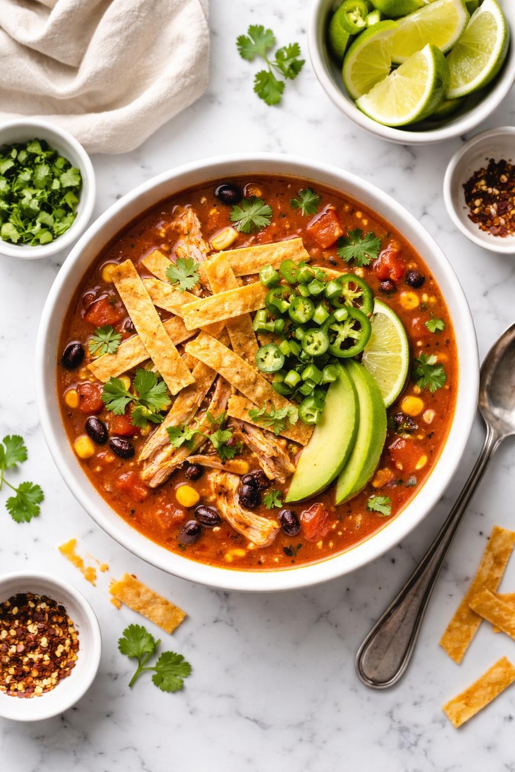 An overheard picture view of a plate of 5-Ingredient Chicken Tortilla Soup sitting on a marble countertop table in the kitchen, professional food photography style.