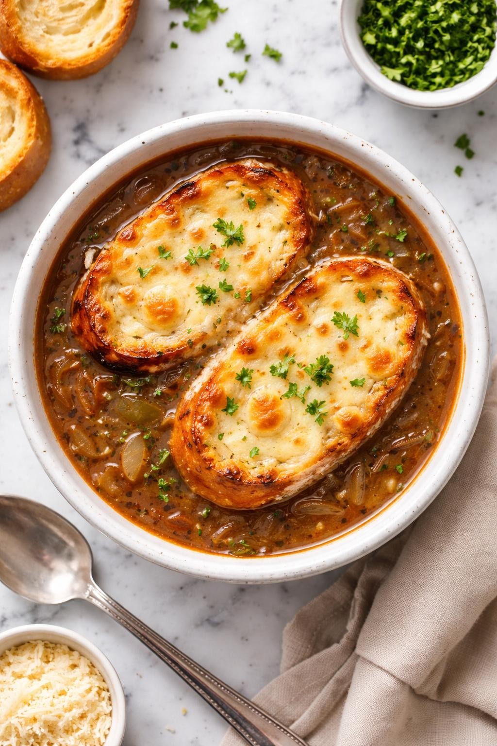 An overheard picture view of a plate of 4-Ingredient French Onion Soup sitting on a marble countertop table in the kitchen, professional food photography style.