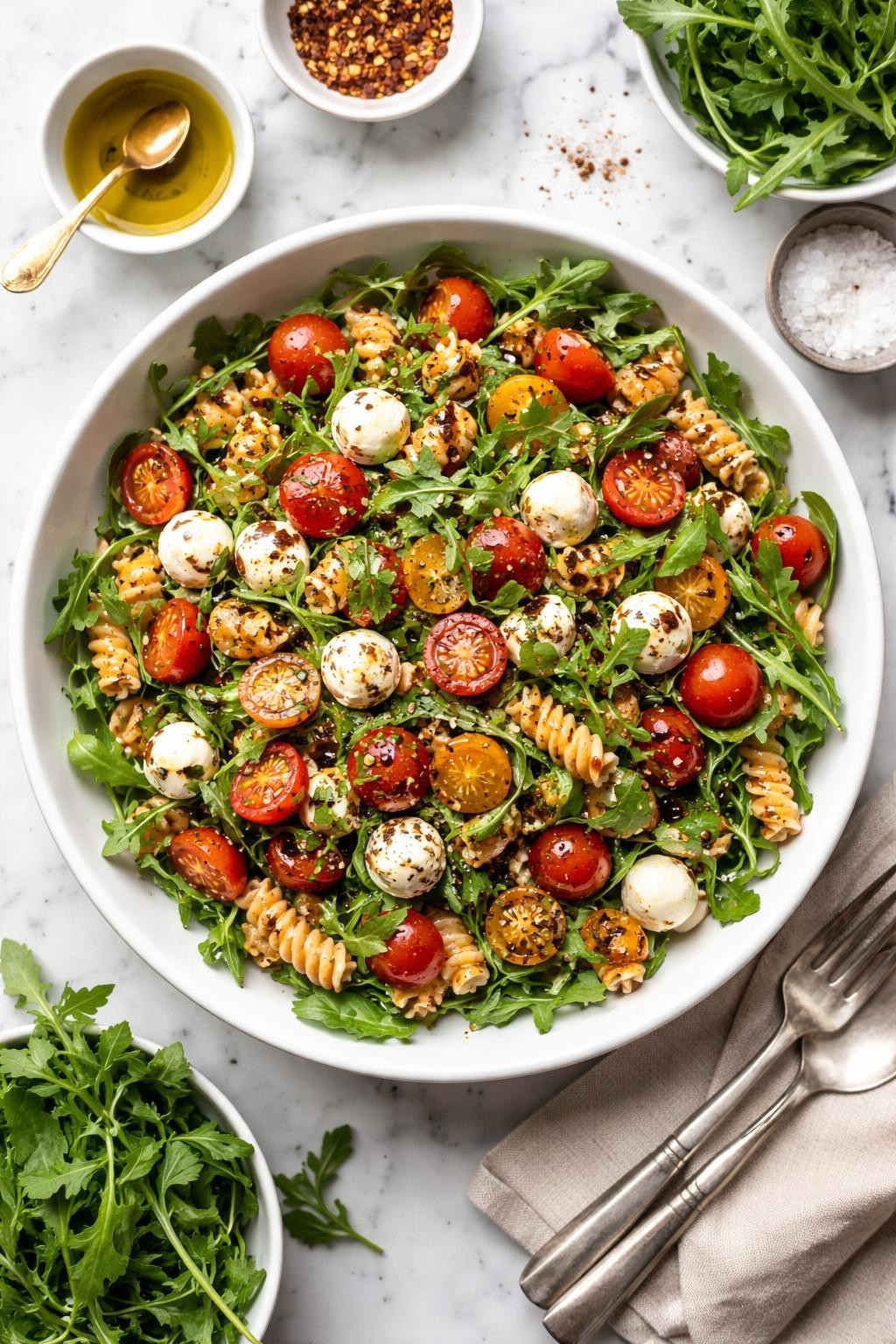 An overheard picture view of a plate of  Caprese Pasta Salad with Arugula  sitting on a marble countertop table in the kitchen, professional food photography style.
