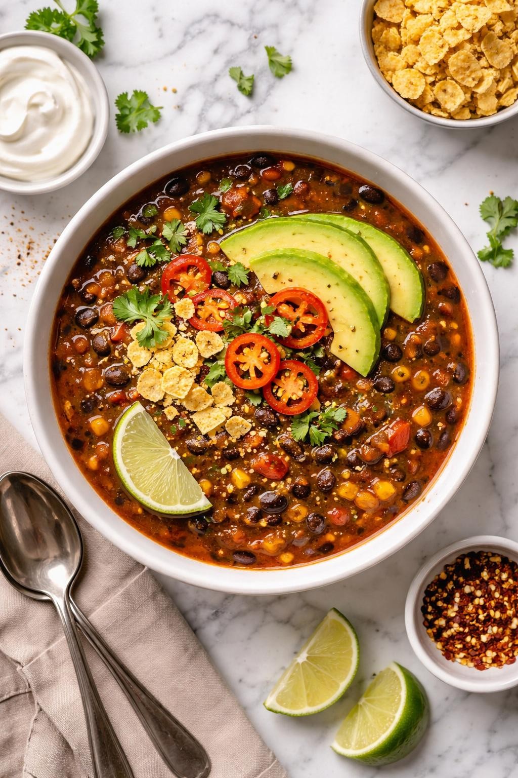 An overheard picture view of a plate of  Spicy Black Bean Soup  sitting on a marble countertop table in the kitchen, professional food photography style.
