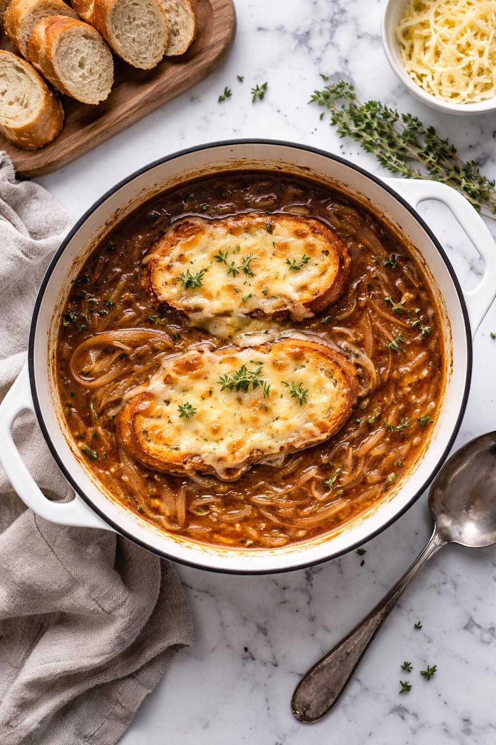 An overheard picture view of a plate of Dutch Oven French Onion Soup   sitting on a marble countertop table in the kitchen, professional food photography style.
