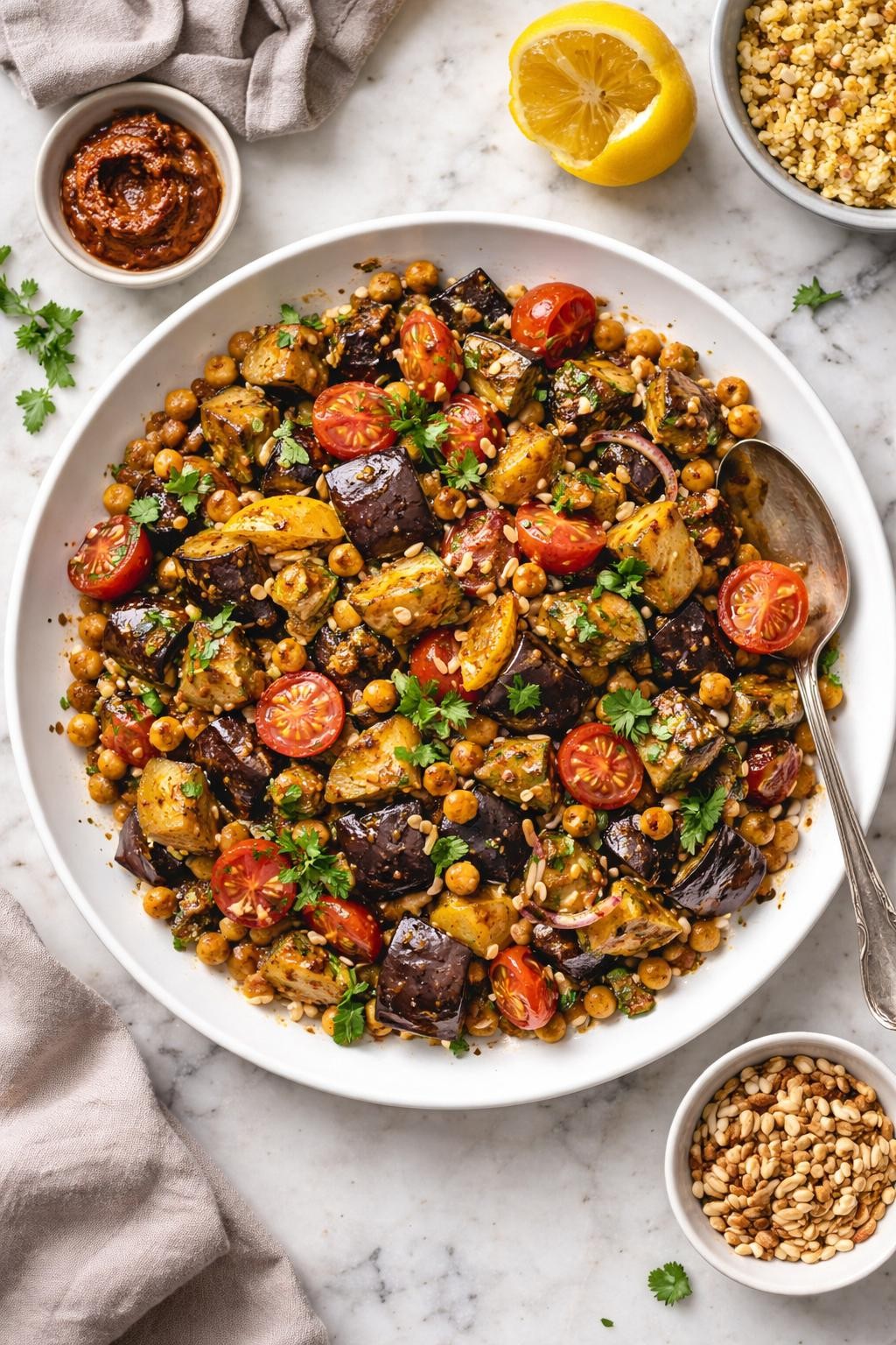 An overheard picture view of a plate of Eggplant Salad with Preserved Lemon and Harissa sitting on a marble countertop table in the kitchen, professional food photography style.