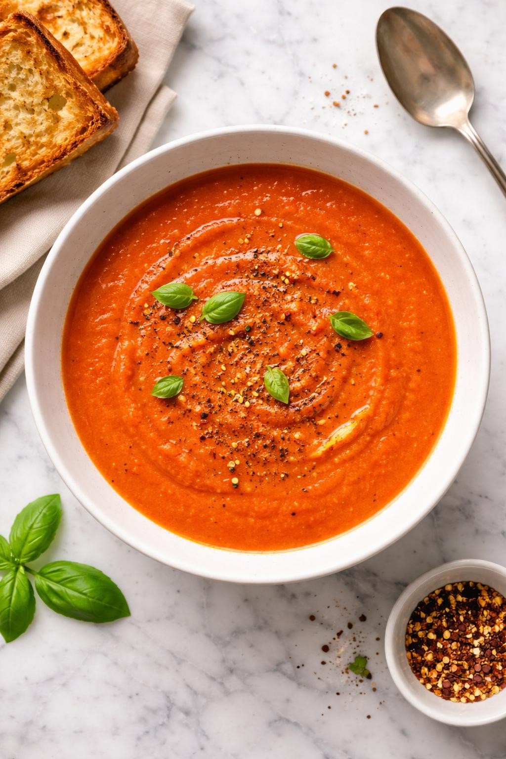 An overheard picture view of a plate of 5-Ingredient Tomato Soup sitting on a marble countertop table in the kitchen, professional food photography style.