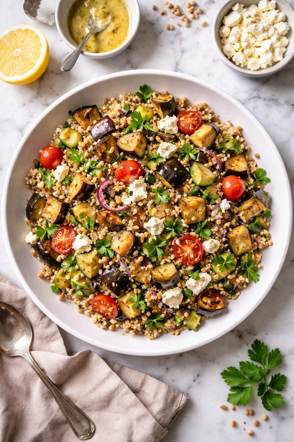 An overheard picture view of a plate of Warm Eggplant and Quinoa Salad with Feta sitting on a marble countertop table in the kitchen, professional food photography style.
