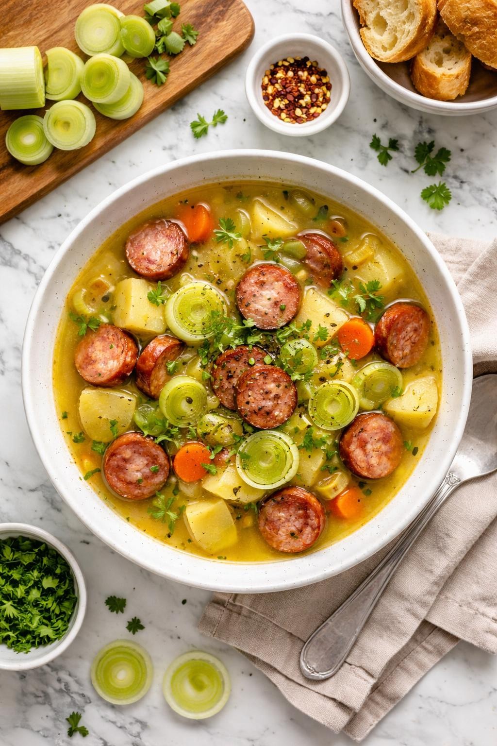An overheard picture view of a plate of  Leek Soup with Smoked Sausage  sitting on a marble countertop table in the kitchen, professional food photography style.
