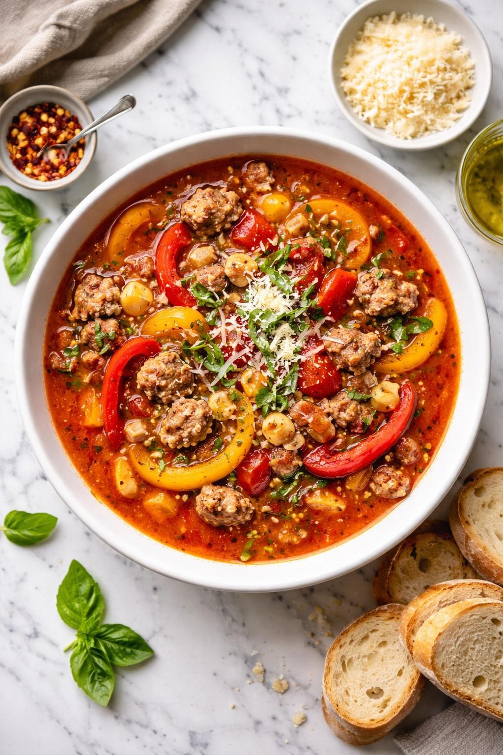 An overheard picture view of a plate of  Italian Sausage and Pepper Soup  sitting on a marble countertop table in the kitchen, professional food photography style.
