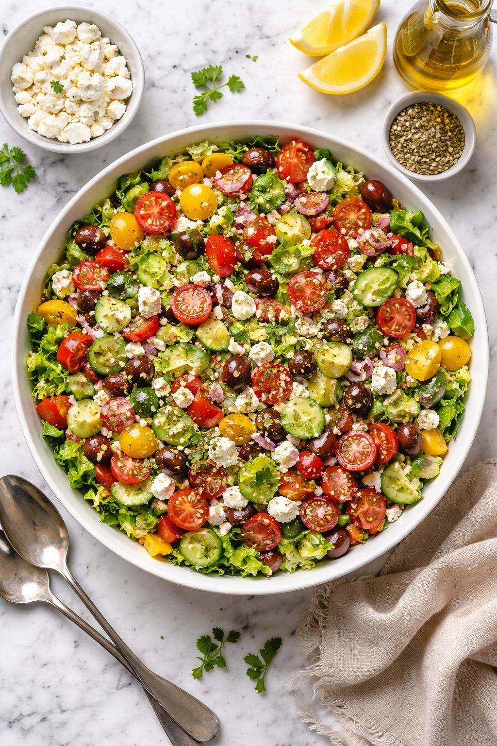 An overheard picture view of a plate of  Crunchy Chopped Greek Salad  sitting on a marble countertop table in the kitchen, professional food photography style.
