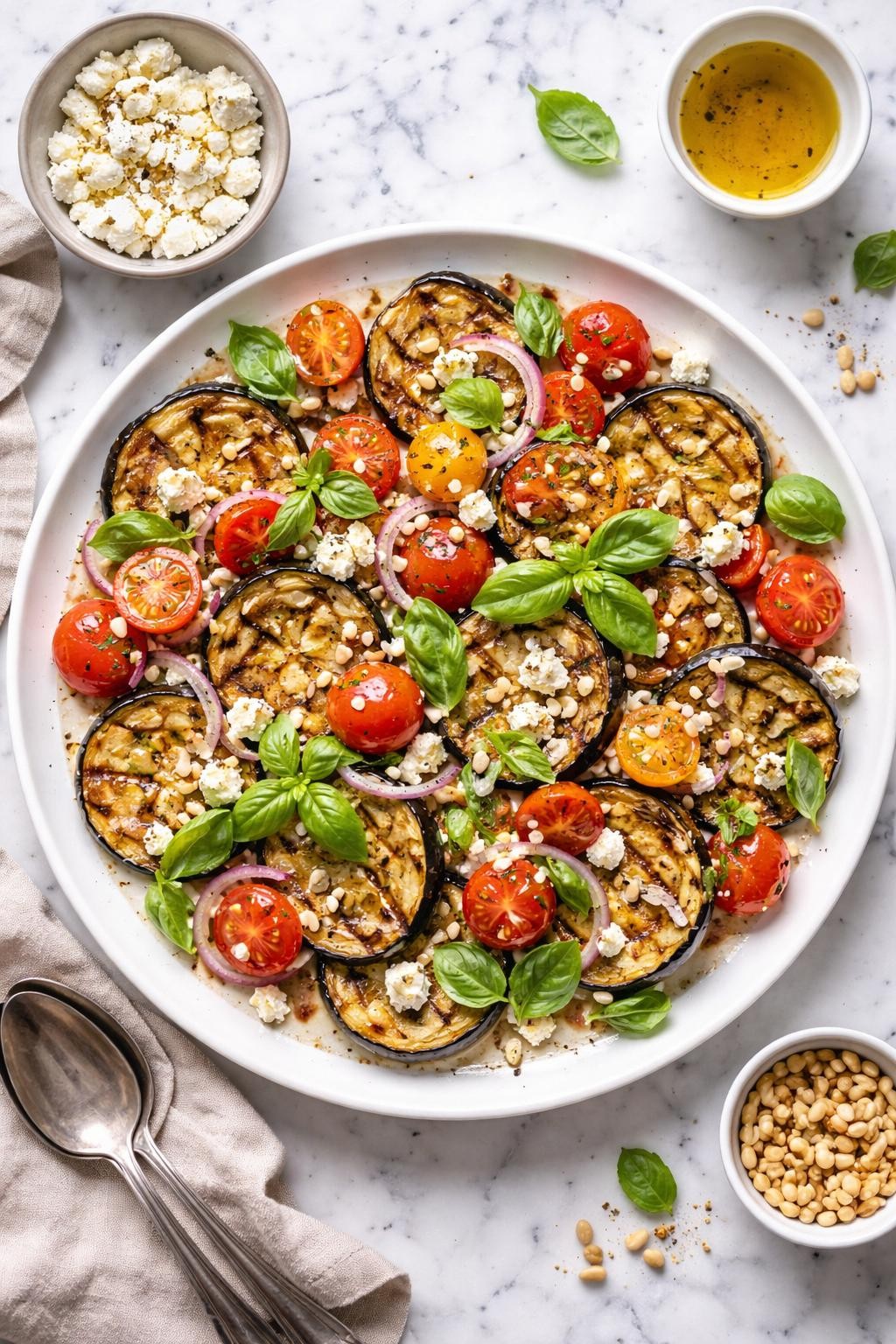An overheard picture view of a plate of Grilled Eggplant Salad with Tomatoes and Feta sitting on a marble countertop table in the kitchen, professional food photography style.