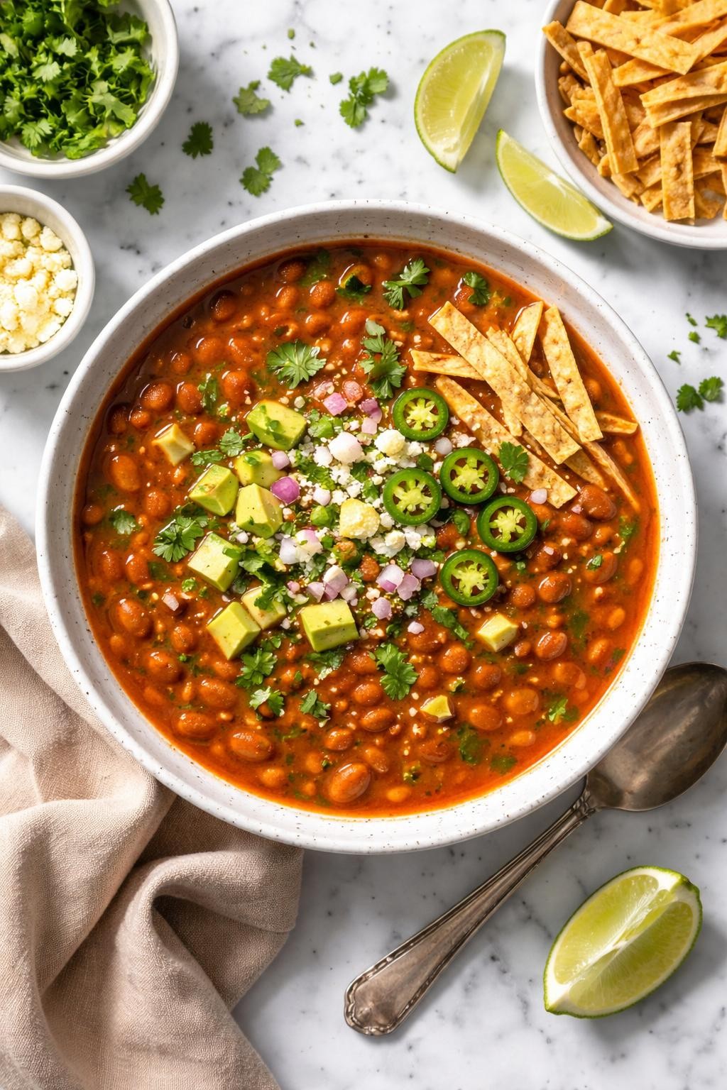 An overheard picture view of a plate of Mexican Pinto Bean Soup sitting on a marble countertop table in the kitchen, professional food photography style.