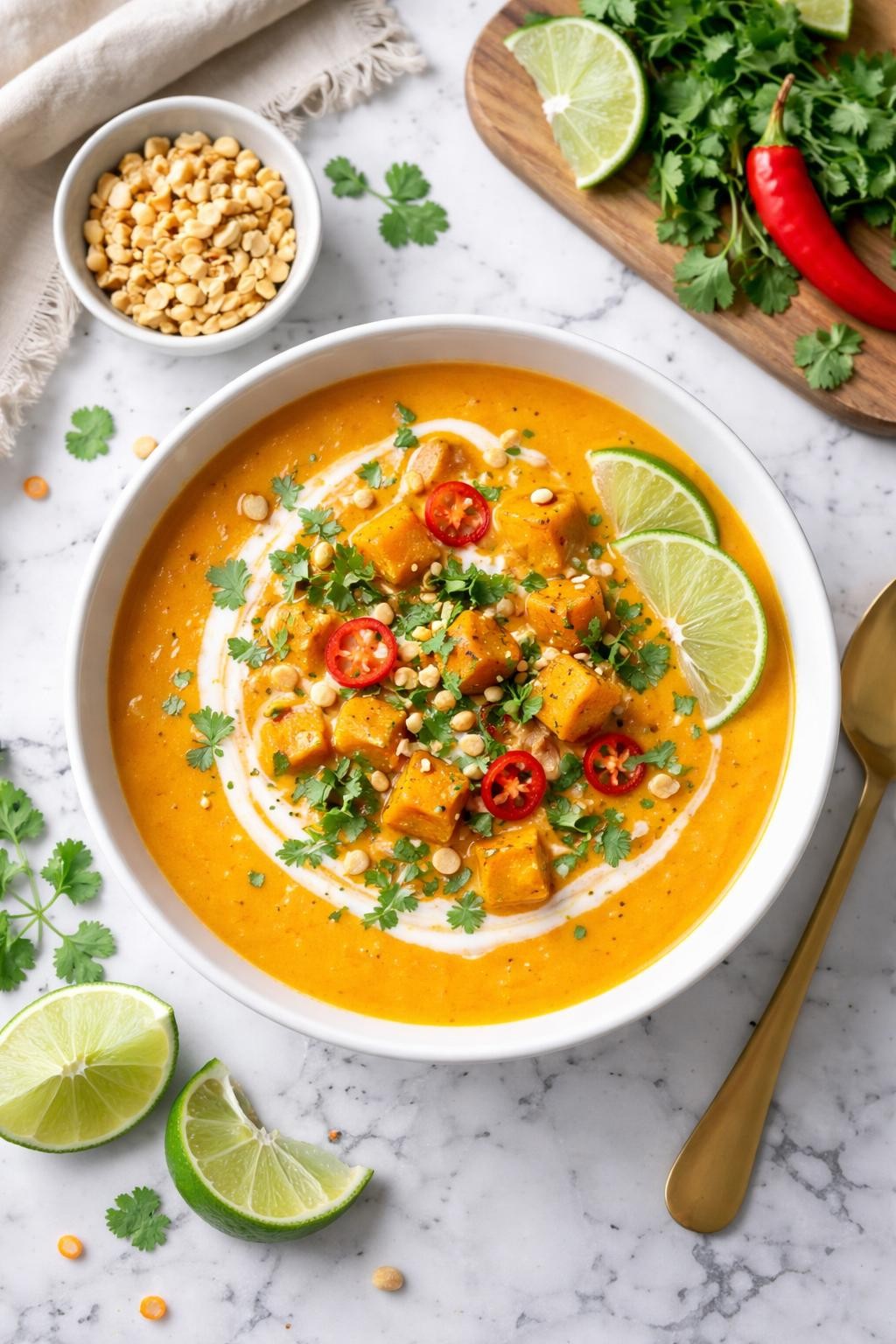 An overheard picture view of a plate of Thai Red Curry Butternut Squash Soup sitting on a marble countertop table in the kitchen, professional food photography style.