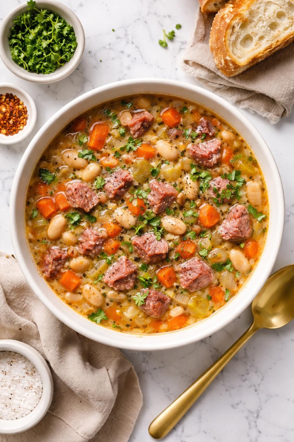 An overheard picture view of a plate of Slow Cooker Ham and Bean Soup sitting on a marble countertop table in the kitchen, professional food photography style.