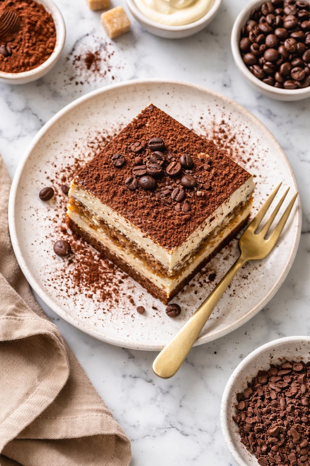 An overheard picture view of a plate of  Vegan Tiramisu  sitting on a marble countertop table in the kitchen, professional food photography style.
