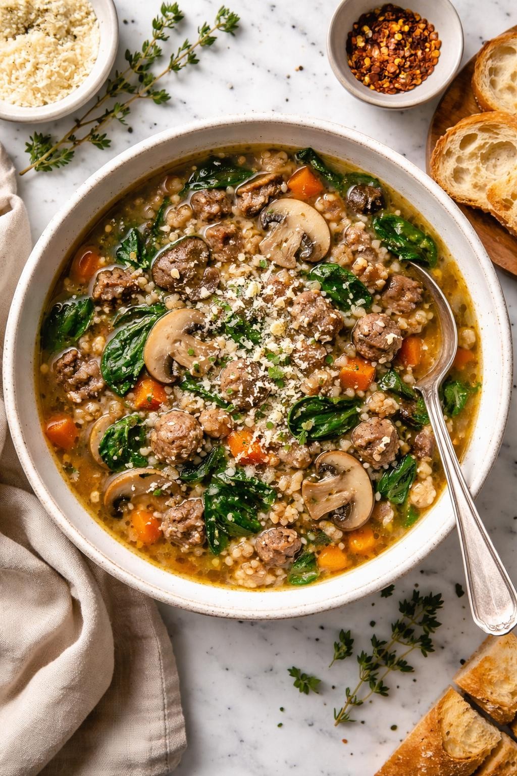 An overheard picture view of a plate of   Italian Sausage and Mushroom Soup with Barley sitting on a marble countertop table in the kitchen, professional food photography style.

