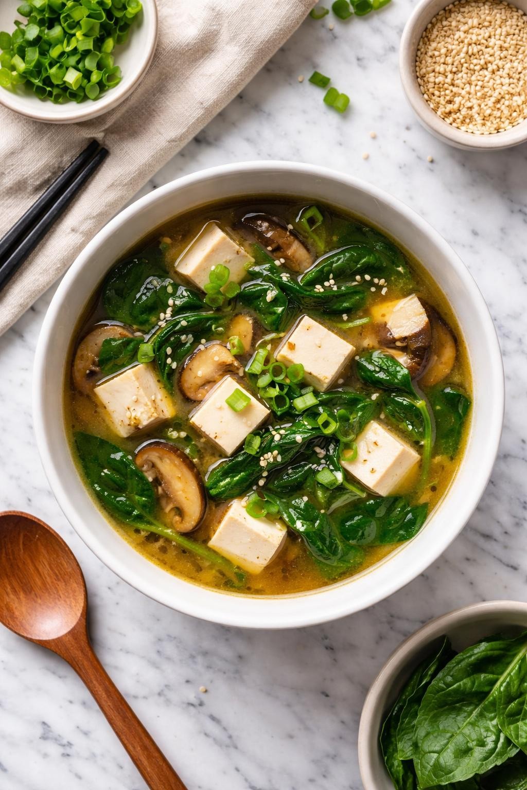 An overheard picture view of a plate of  Miso Soup with Tofu and Spinach  sitting on a marble countertop table in the kitchen, professional food photography style.
