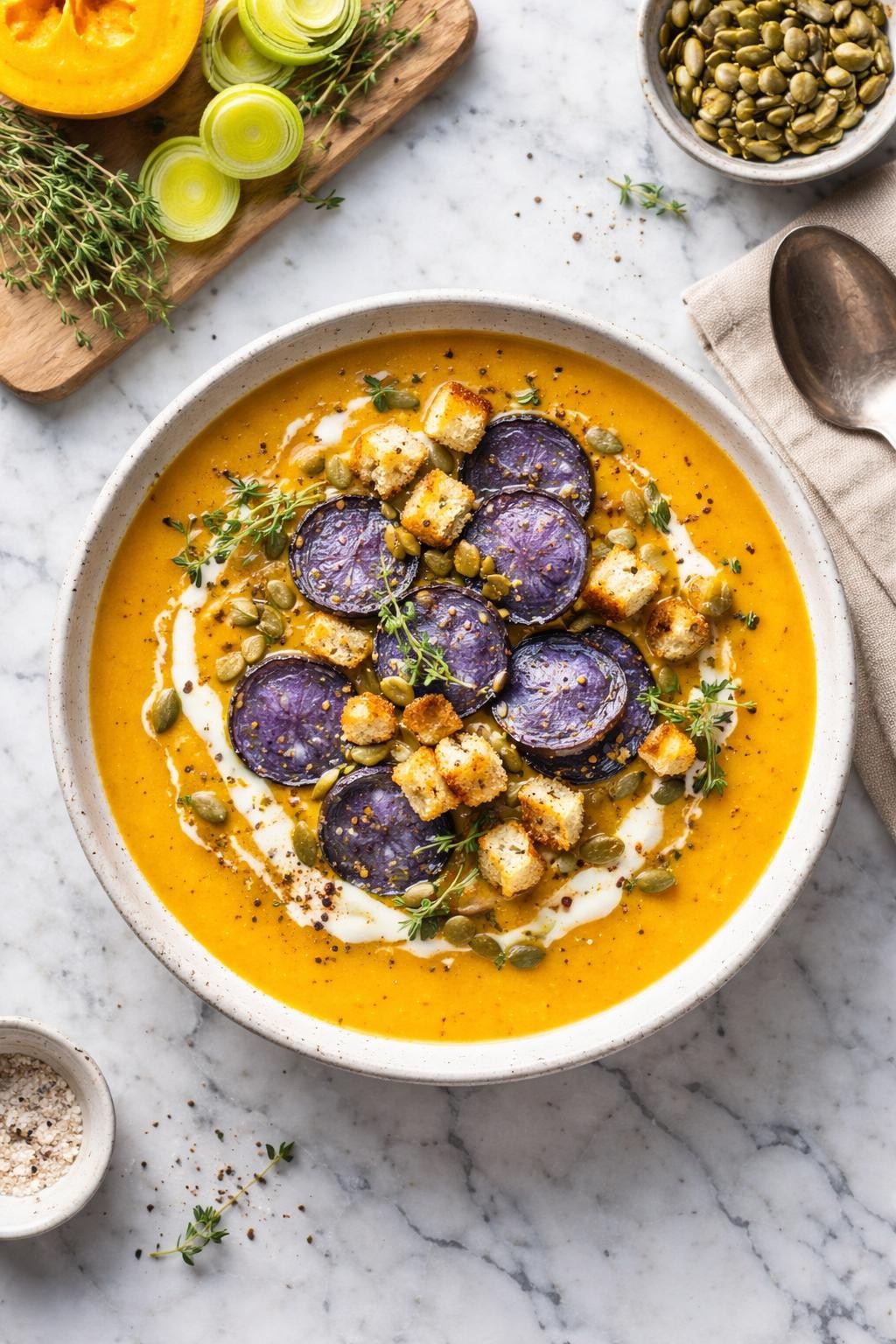 An overheard picture view of a plate of Leek and Pumpkin Soup with Blue Potato   sitting on a marble countertop table in the kitchen, professional food photography style.

