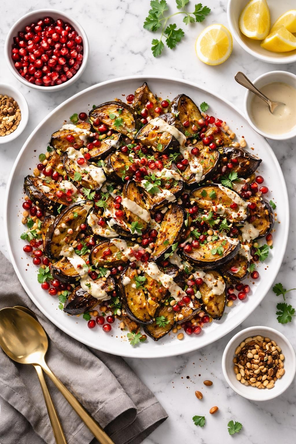 An overheard picture view of a plate of Roasted Eggplant Salad with Tahini and Pomegranate sitting on a marble countertop table in the kitchen, professional food photography style.