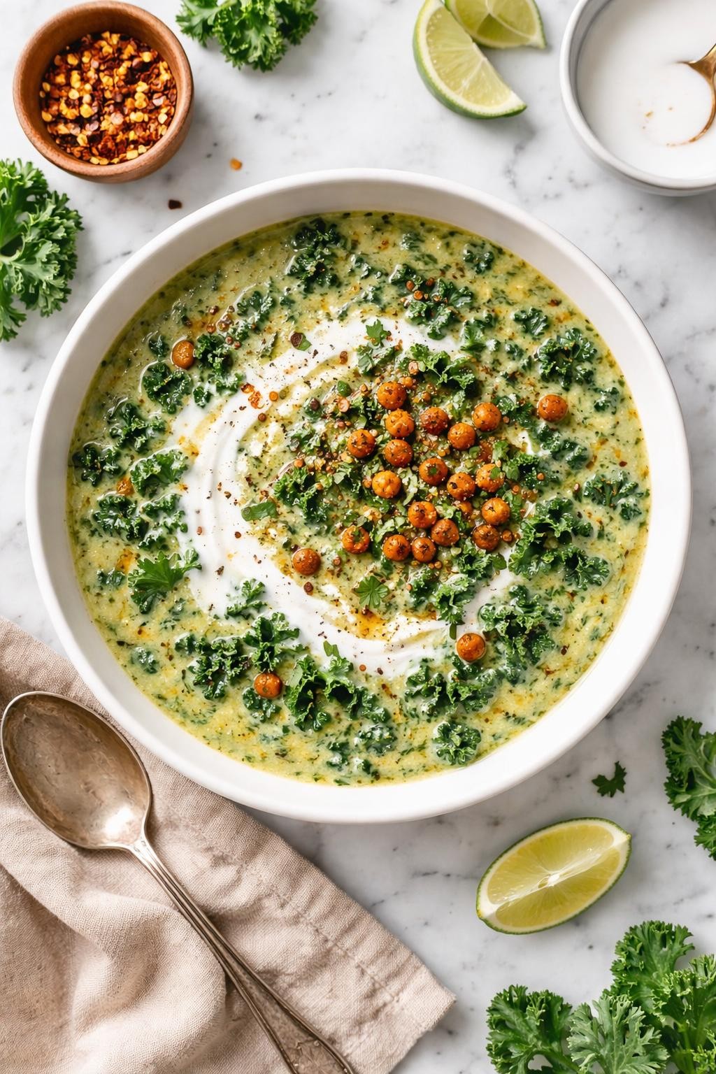 An overheard picture view of a plate of  Creamy Coconut Kale Soup  sitting on a marble countertop table in the kitchen, professional food photography style.
