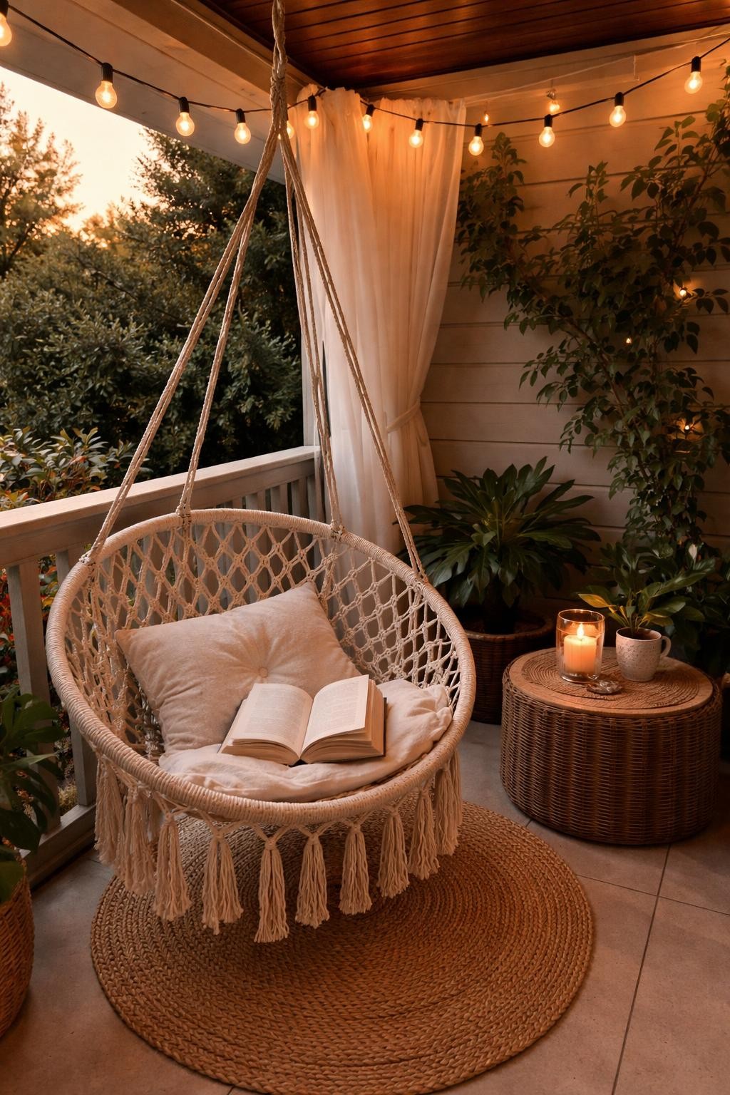 Photo of a corner patio with a macrame hanging chair and small side table, corner angle view, setting under a covered patio with string lights, golden hour, containing a paperback book left open on the chair seat, iPhone photo quality.