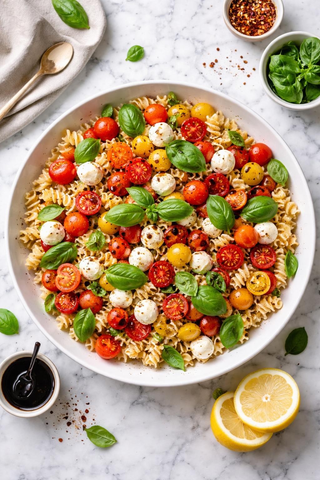 An overheard picture view of a plate of  Classic Caprese Pasta Salad  sitting on a marble countertop table in the kitchen, professional food photography style.
