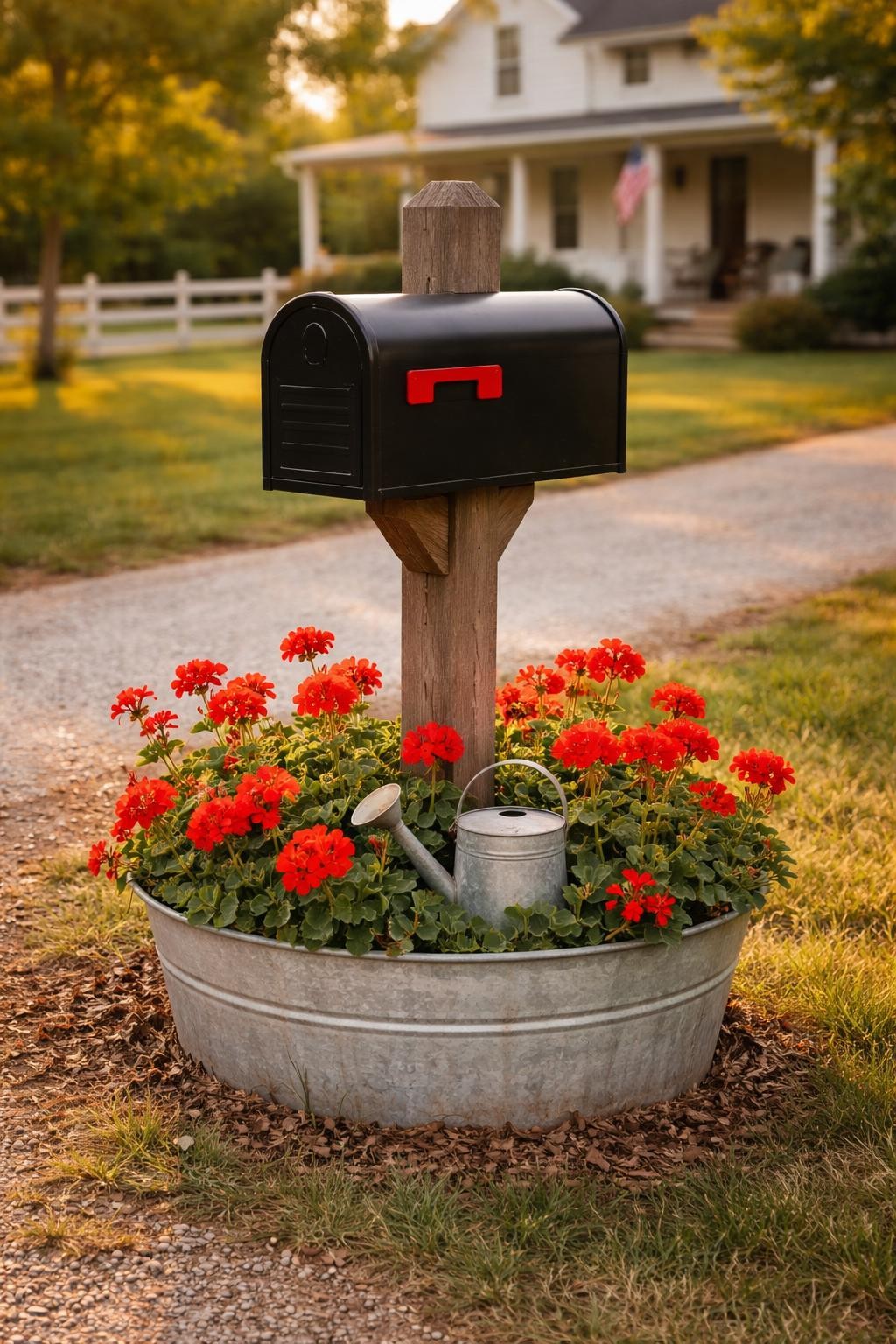 Photo of a mailbox with a rustic galvanized tub around its base filled with red geraniums, straight-on view from street, setting in a farmhouse-style front yard, late afternoon light, containing a small watering can sitting in the tub, iPhone photo quality.