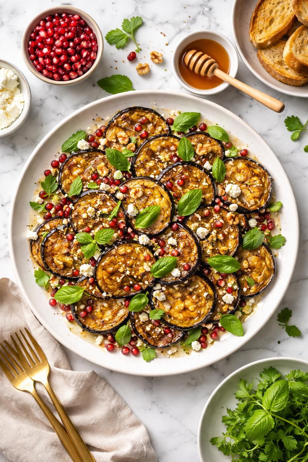 An overheard picture view of a plate of Fried Eggplant Salad with Honey and Herbs sitting on a marble countertop table in the kitchen, professional food photography style.