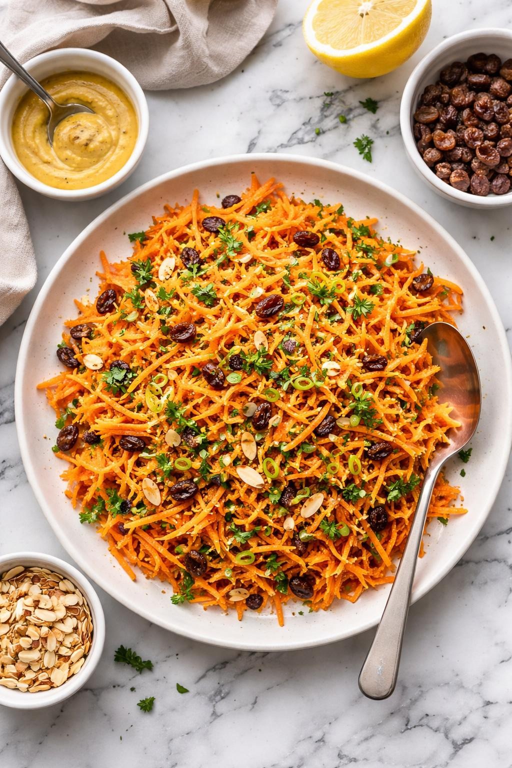 An overheard picture view of a plate of  Dijon Mustard Carrot Raisin Salad  sitting on a marble countertop table in the kitchen, professional food photography style.

