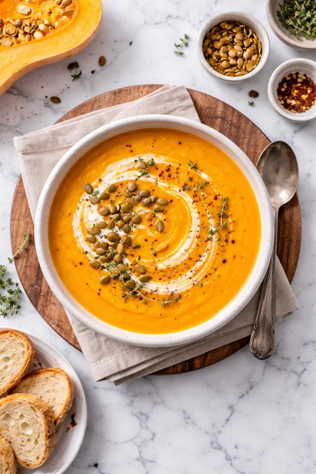 An overheard picture view of a plate of  Dutch Oven Butternut Squash Soup  sitting on a marble countertop table in the kitchen, professional food photography style.
