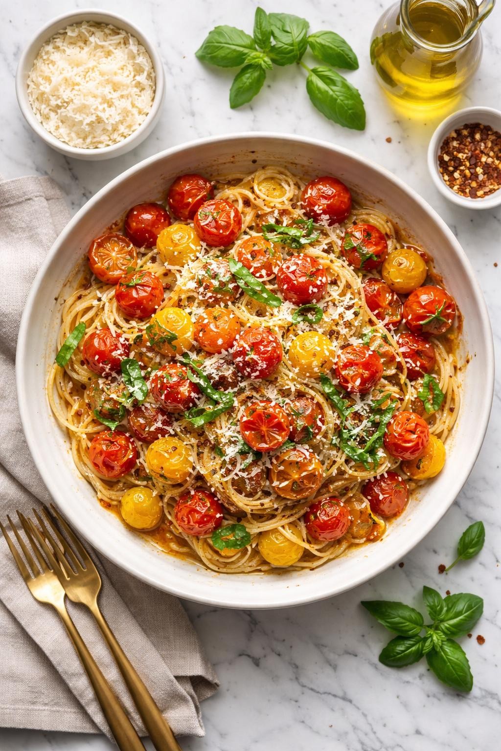 An overheard picture view of a plate of Cherry Tomato Burst Version sitting on a marble countertop table in the kitchen, professional food photography style.