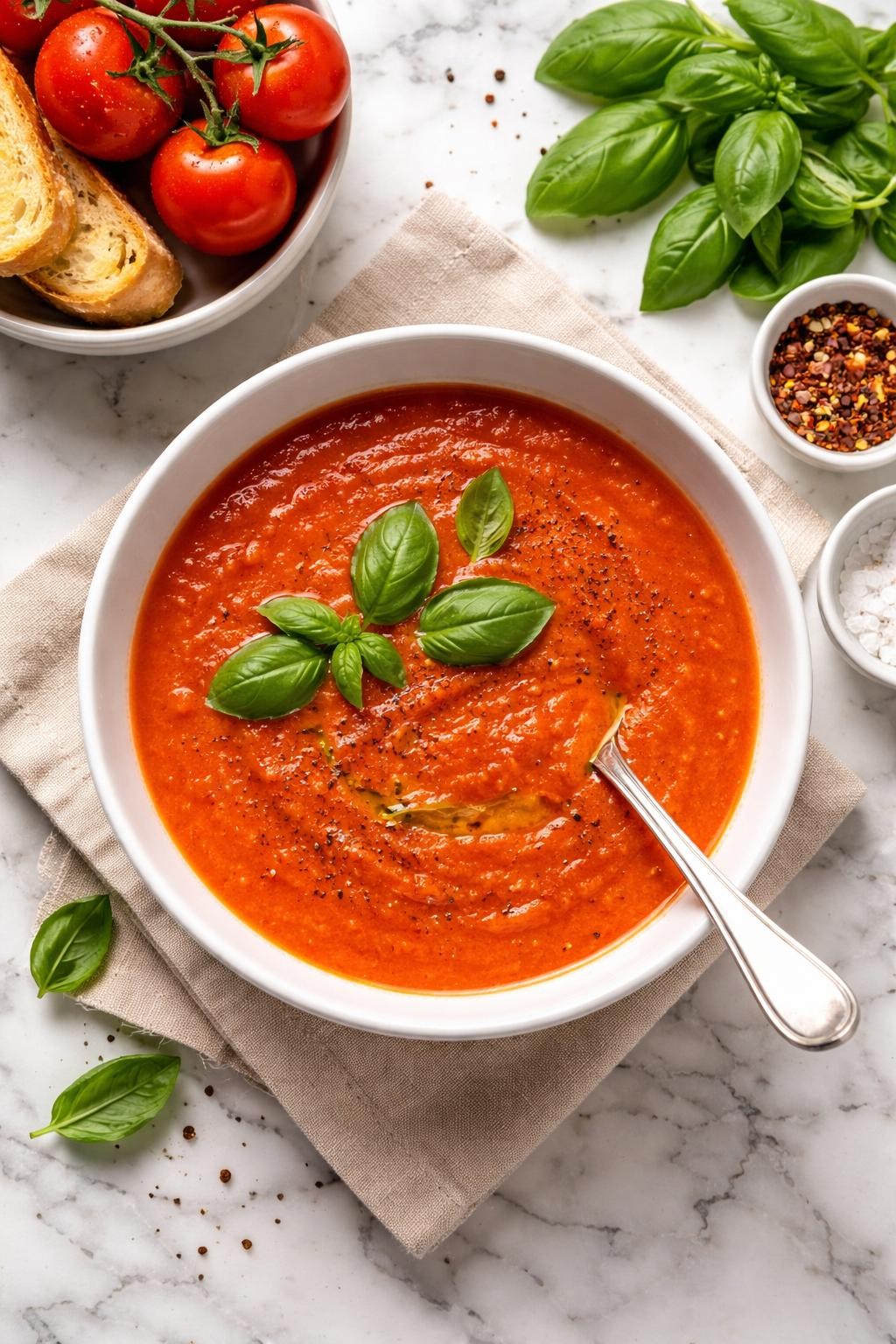 An overheard picture view of a plate of 3-Ingredient Tomato Basil Soup sitting on a marble countertop table in the kitchen, professional food photography style.