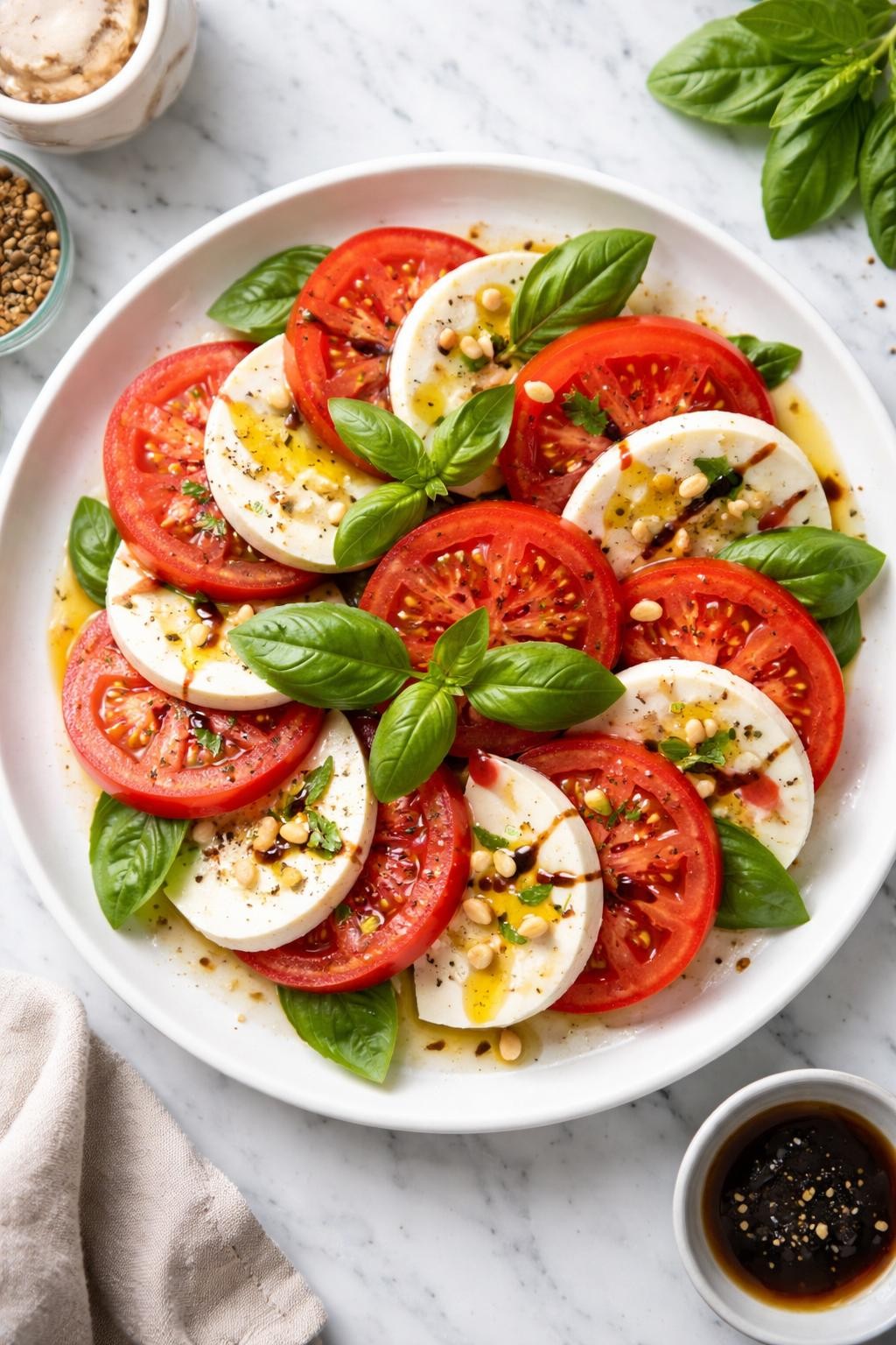 An overheard picture view of a plate of Vegan Caprese Salad   sitting on a marble countertop table in the kitchen, professional food photography style.
