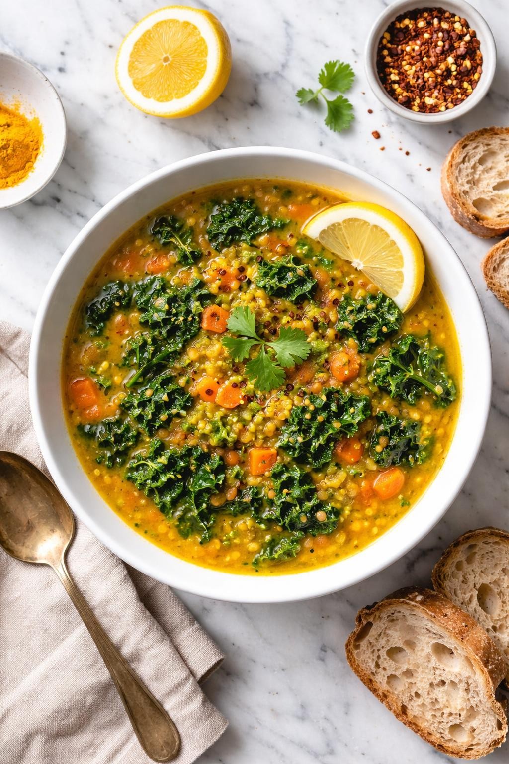 An overheard picture view of a plate of  Turmeric Red Lentil Soup with Kale  sitting on a marble countertop table in the kitchen, professional food photography style.
