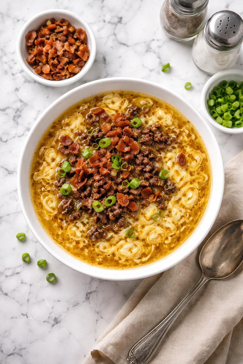 An overheard picture view of a plate of Carnivore Egg Drop Soup   sitting on a marble countertop table in the kitchen, professional food photography style.
